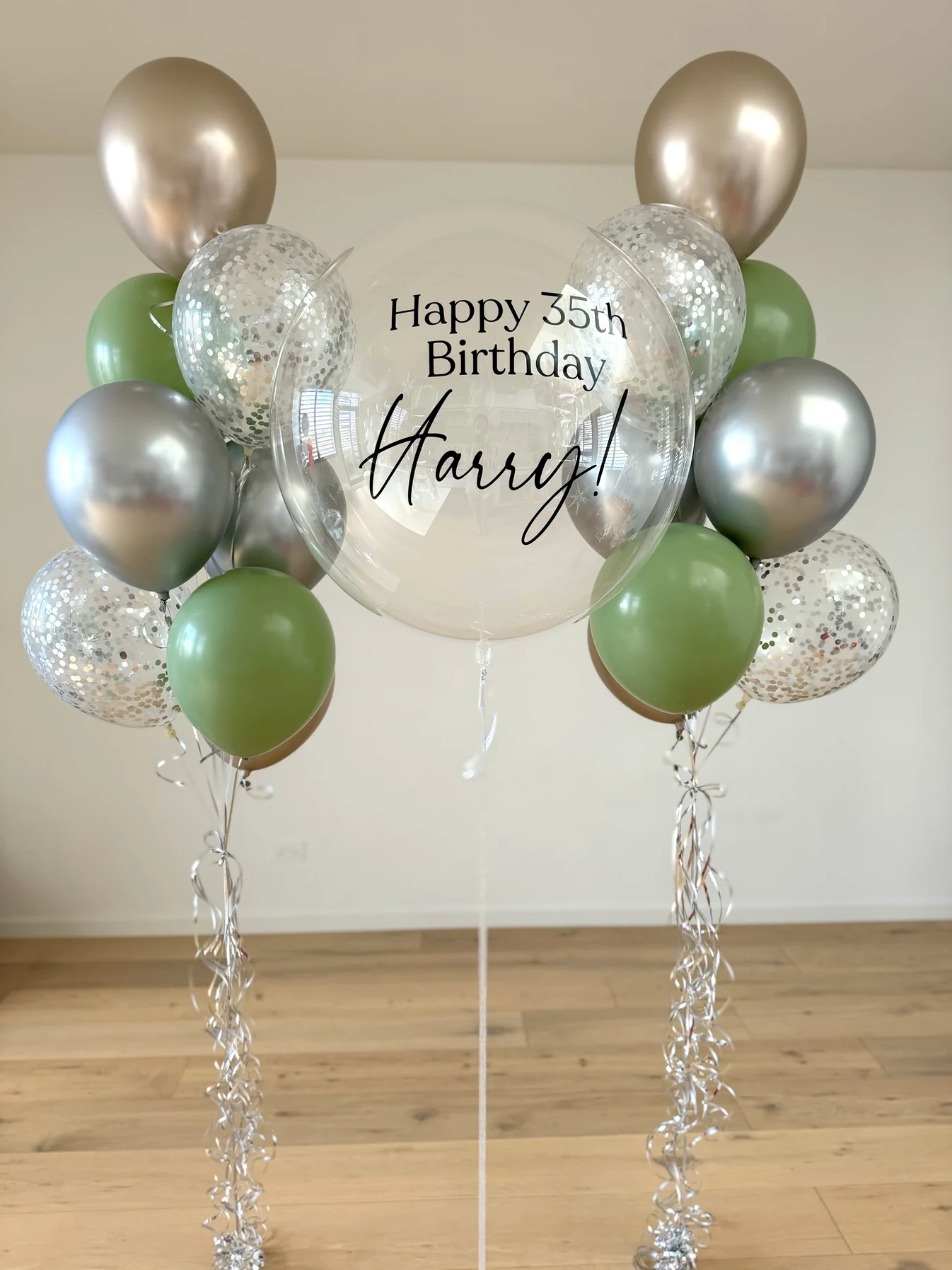 Luxe gepersonaliseerde ballon set Zilver-eucalyptus-champagne